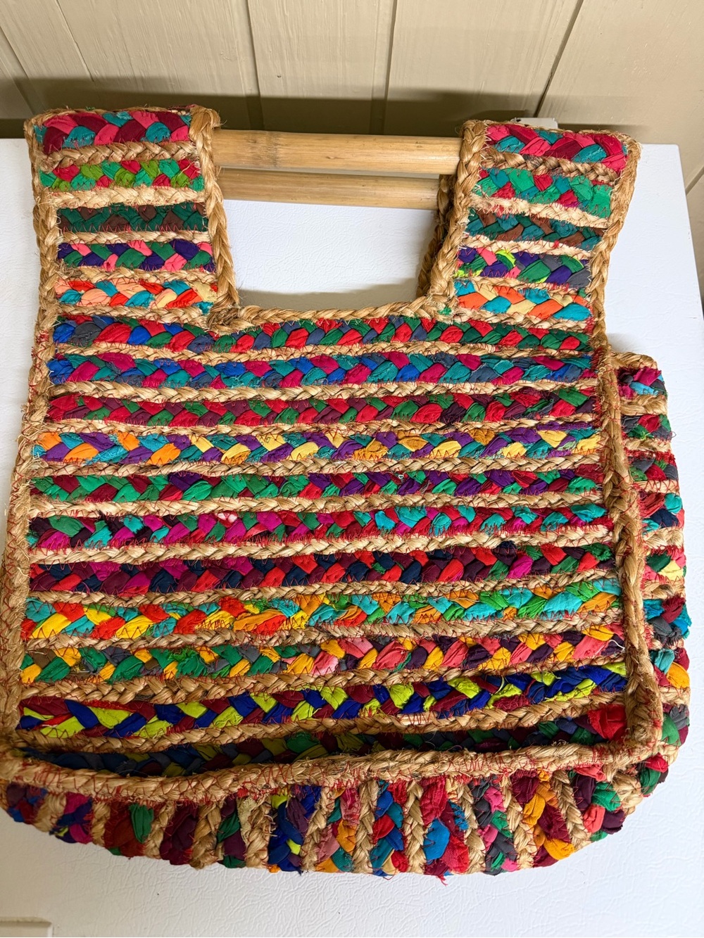 Colorful Handwoven Multicolor Tote Bag with Natural Trim